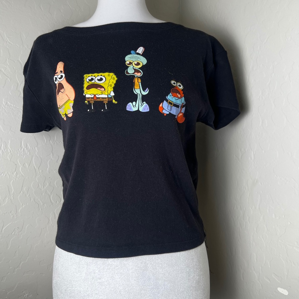 Nickelodeon SpongeBob SquarePants Graphic Crop Top Black Cotton Shirt Medium